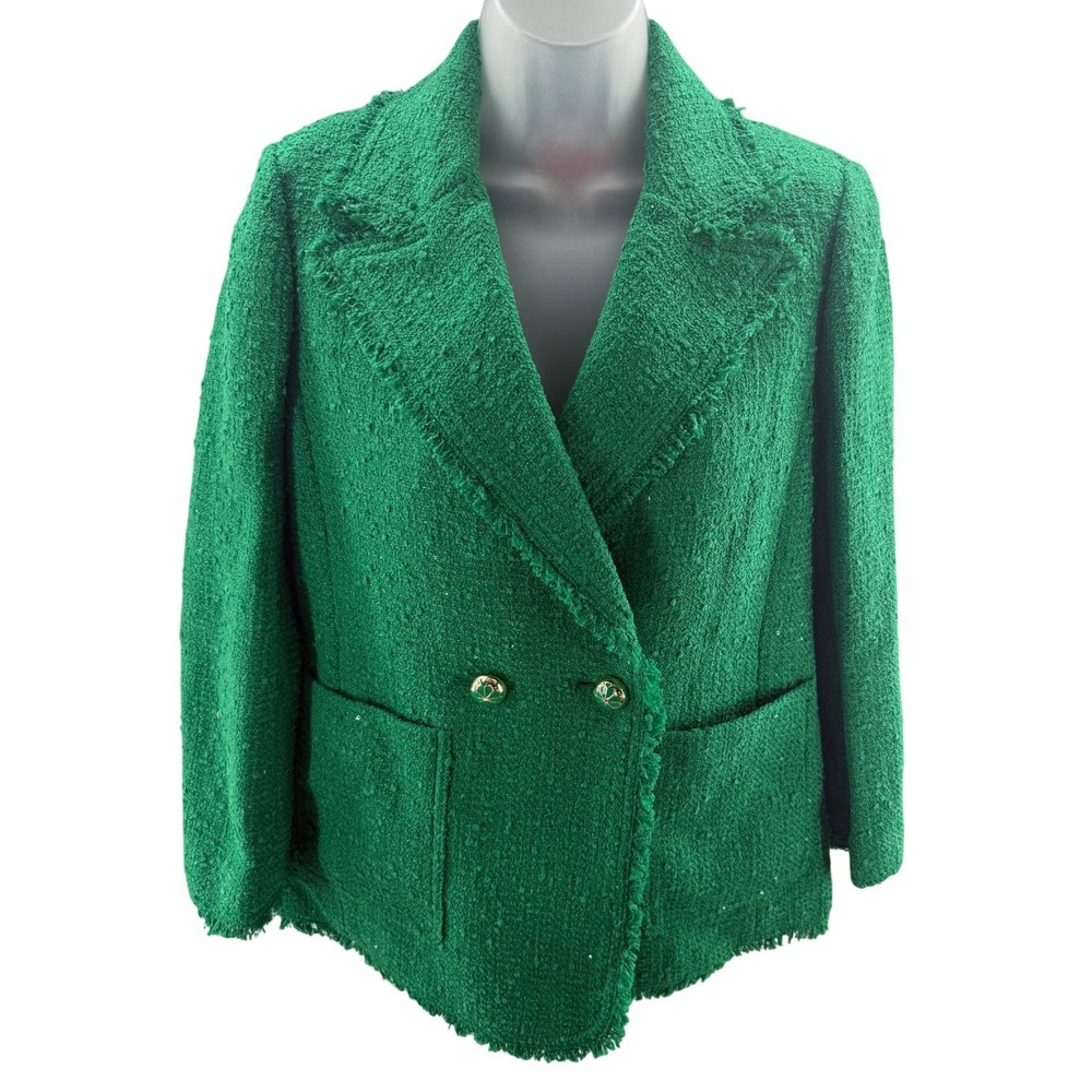 Kate‎ Spade New York Green Tweed Fringe Double Breasted Blazer Jacket Size 2 NEW